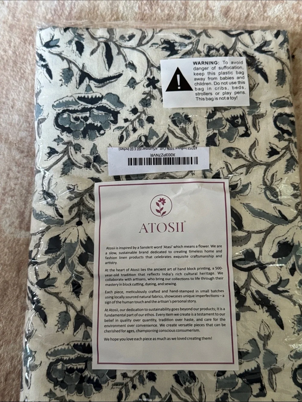 NEW ATOSII Jodhpur 100% Cotton Square Tablecloth, Handblock Floral Print